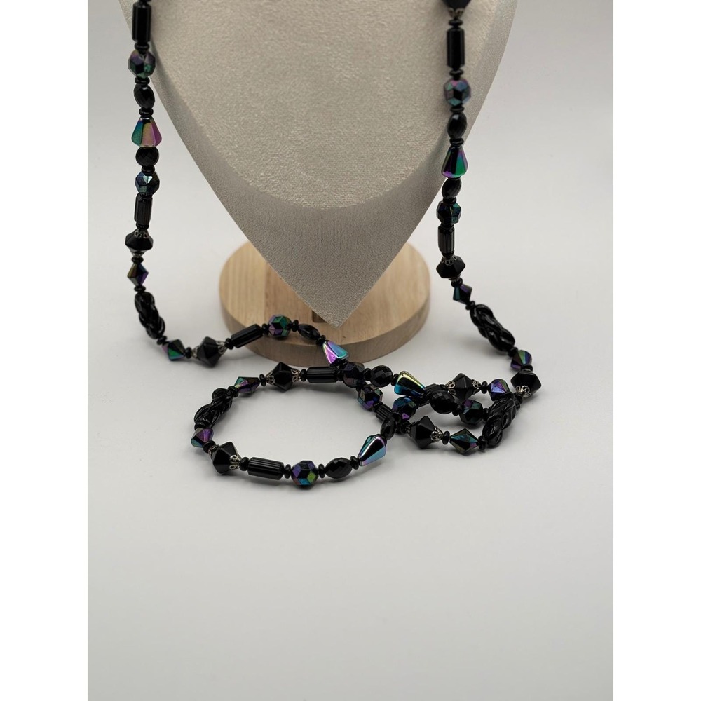 VTG Judy-Lee Signed Black Glass AB Necklace Faceted Crystal Beads Collector - Picture 10 of 12